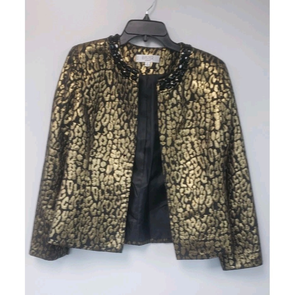 Kasper Cheetah Print Flyaway Jacket SZ 10P Beaded Neckline Metallic Gold Black